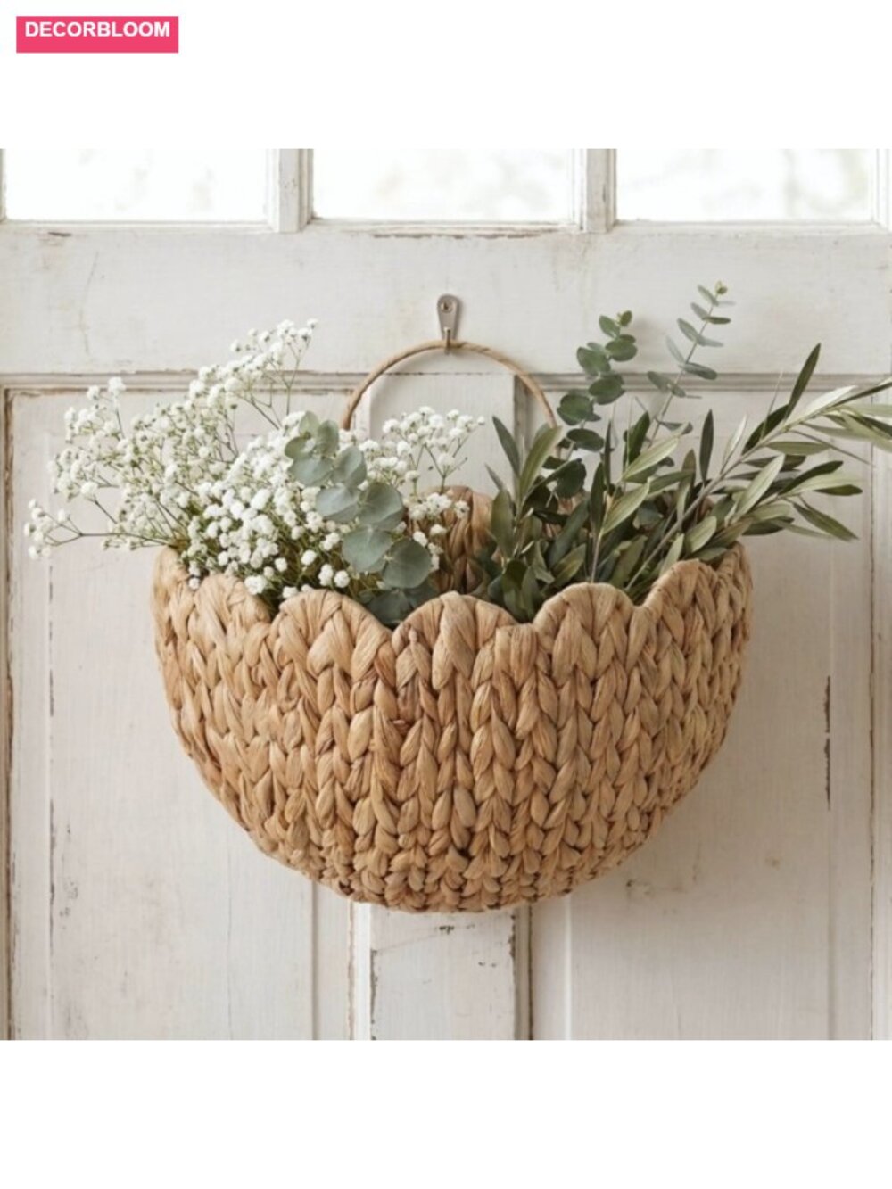 Scalloped Wicker Wall Basket, Water Hyacinth Hanging Basket with Handle, Boho - Picture 6 of 6